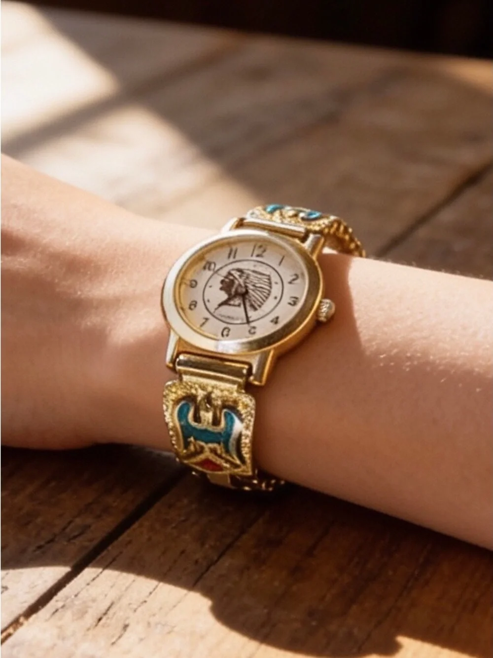 Golden VTG Navajo Turquoise/Coral Thunderbird Tips Golden Indian Chief Watch